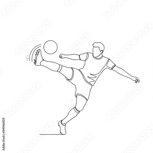 A minimalist line art illustration of a soccer player kicking a ball in mid-air