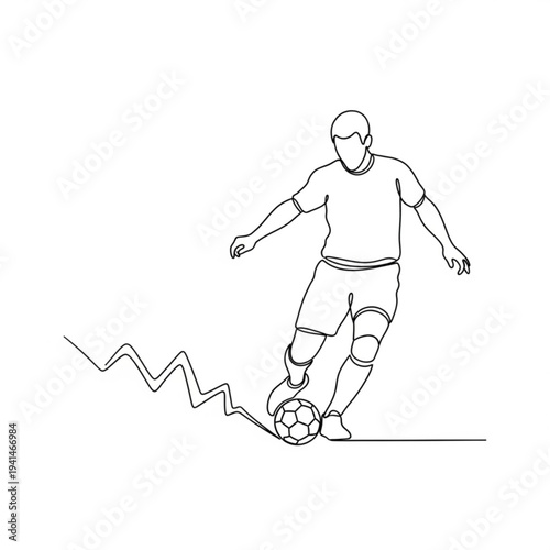 A minimalist line art illustration of a soccer player kicking a ball with a dynamic zigzag motion
