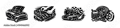 Black and white automotive vector set with car engine tools and racing elements