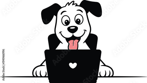 Cute canine mascot using a laptop isolated on white background for office humor and social media marketing designs