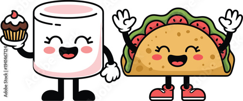 Cute expressive food characters with faces isolated on white background for playful snack and fast food branding