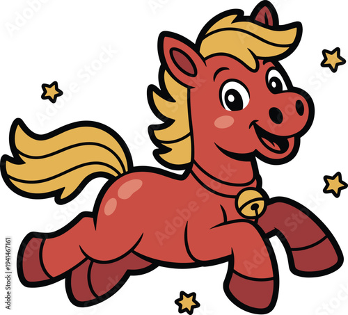 Cute Galloping Pony Horse Character with Bell and Stars Minimalist Line Art Vector Illustration for Kids Coloring Pages Nursery Decor and Fantasy Mascot Design