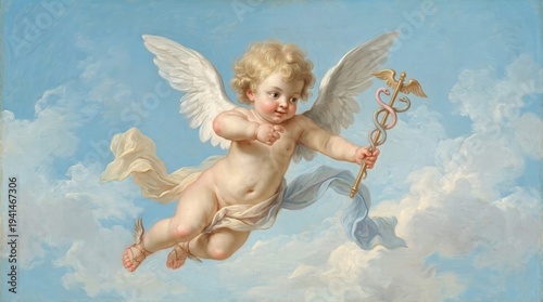 An angel in the guise of Hermes. A small, winged child angel holds a caduceus and flies among clouds in a blue sky. Classical Baroque painting.