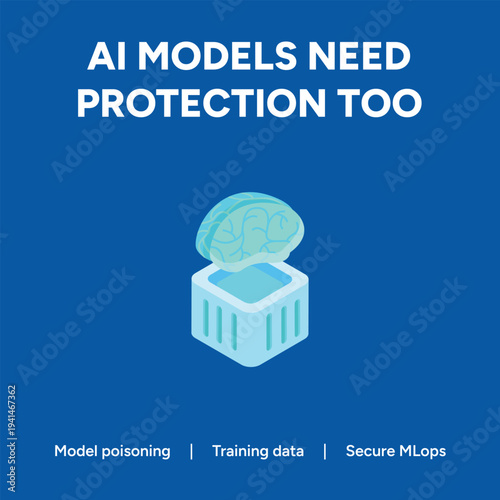 Vector graphic illustration emphasizing AI model protection with a brain in a box on a blue background highlighting model poisoning and secure MLops