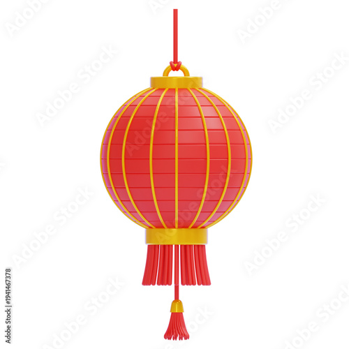 Elegant 3D rendering of a traditional red and gold festive lantern, showcasing intricate ribbed details and decorative tassels, perfect for cultural celebrations and holiday design themes