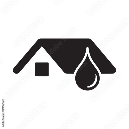 Simple black icon depicting a leaking house roof with a water droplet