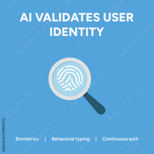 Vector graphic illustration showing AI validating user identity through biometrics, behavioral typing, and continuous authentication for secure identity verification and modern cybersecurity measures.