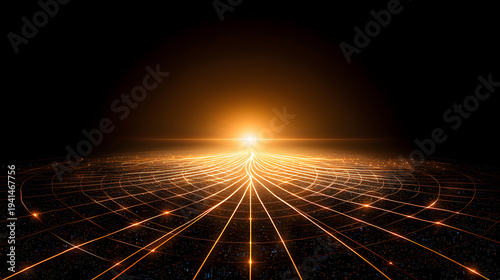 Stunning digital landscape featuring radiant lines converging towards bright light source
