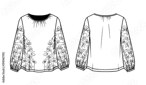 Lady Blouse Pattern Vector Template Black and White Fashion Technical Illustration