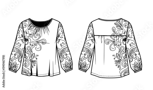 Lady Blouse Pattern Vector Template Black and White Fashion Technical Illustration