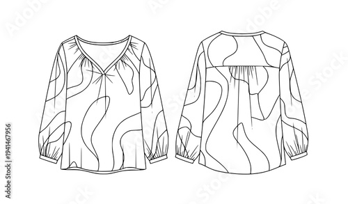 Women Blouse Pattern Vector Flat Template Black White Fashion CAD Drawing