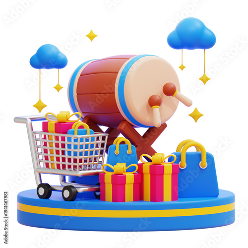 Festive Shopping Celebration with Gifts and a Drum on a Display Pedestal