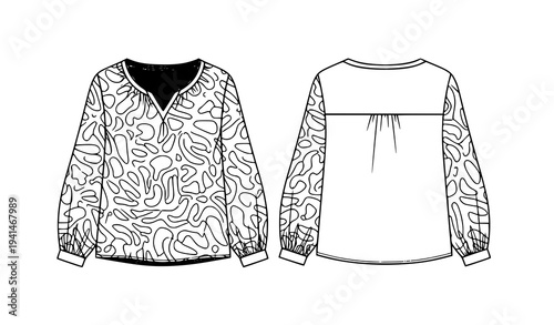 Women Blouse Pattern Vector Flat Template Black White Fashion CAD Drawing