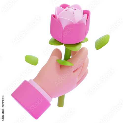 Charming 3D Render of a Gentle Hand Offering a Beautiful Pink Flower, Symbolizing Love, Care, and Affection for Special Occasions and Joyful Gestures