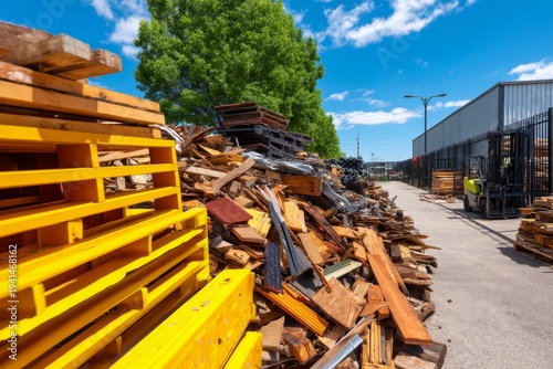 Wallpaper Mural Scrap Wood Storage Area with Stacked Pallets and Clear Blue Sky Torontodigital.ca