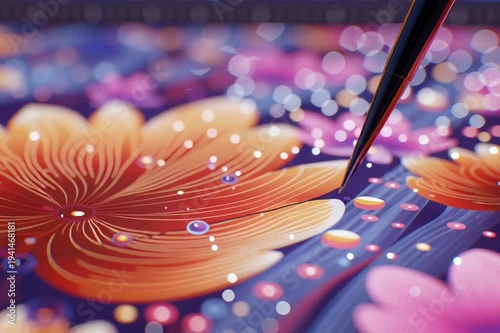 Artistic hand delicately draws on a tablet showcasing the intricate process of creating a digital illustration of vibrant, blooming flowers, capturing the artist's creative process.