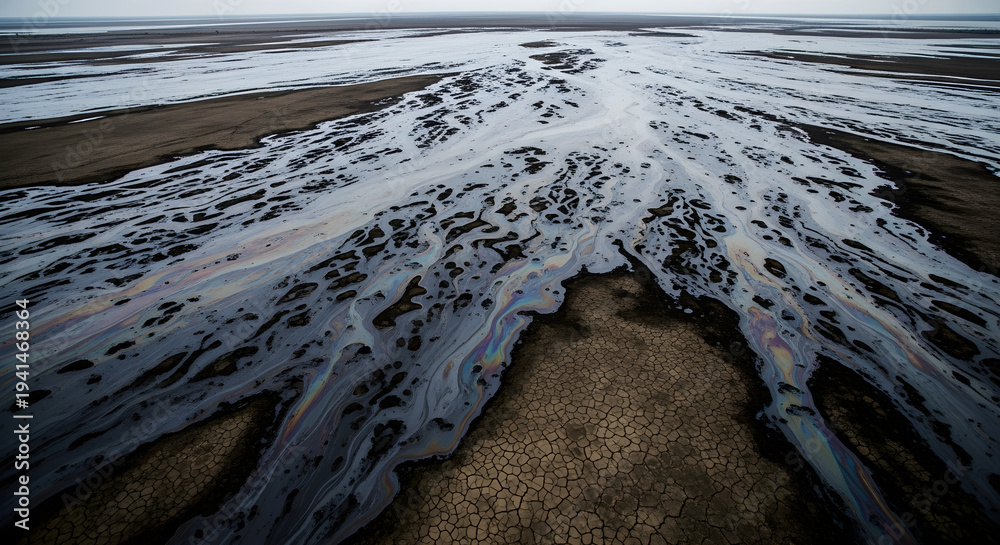 Obraz premium Vivid oil slick patterns create abstract art on a barren landscape, resembling a natural, flowing river system
