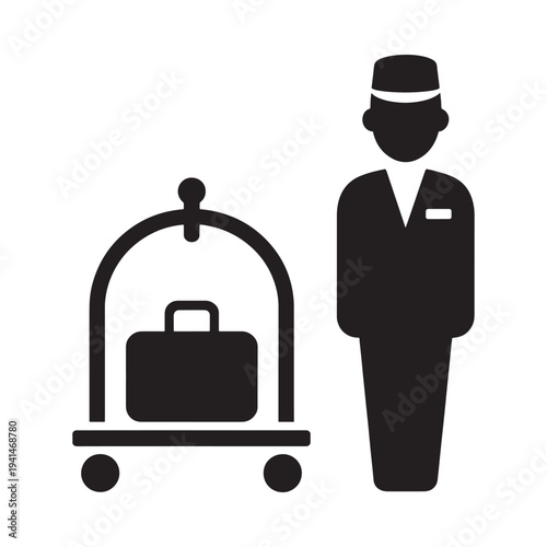 A simple black silhouette depicts a bellhop with luggage cart
