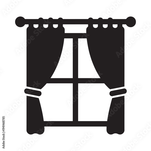 Simple black and white illustration of a window with draped curtains