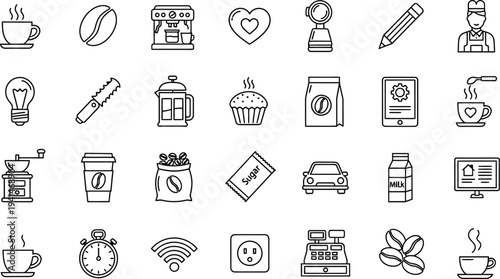 A collection of various icons and symbols related to daily life and technology on a white background
