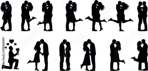Romantic couple silhouettes collection with kissing, hugging and marriage proposal poses isolated on white background, love relationship and Valentine romance concept illustration set