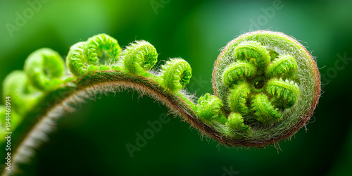 macro texture of young green fiddlehead fern spiral fronds in spring forest with soft natural lighting