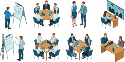 Set Of Isometric Business People In Office Meeting Scenes With Laptops Charts And Video Conferencing Professional Concept