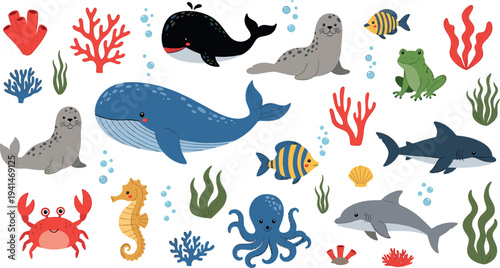 Cute Ocean Animals Collection with Whale Shark Seal Octopus Crab Seahorse and Cartoon Marine Vector Illustration Set