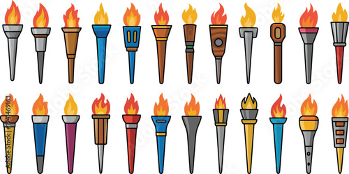Set Of Various Flaming Torches With Different Designs And Materials For Medieval Fantasy Or Ancient Historical Game Assets