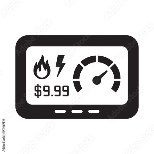 A black silhouette of a digital dashboard displaying fuel electricity and cost