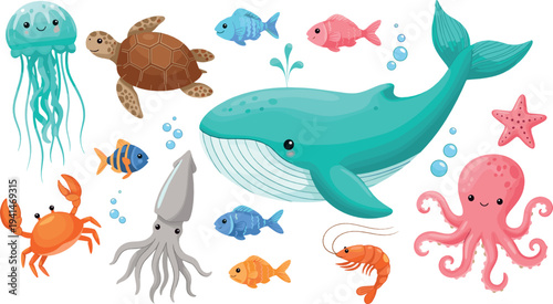Cute ocean animals vector set with whale, jellyfish, turtle, octopus, squid, crab, shrimp, starfish and colorful fish cartoon sea life collection