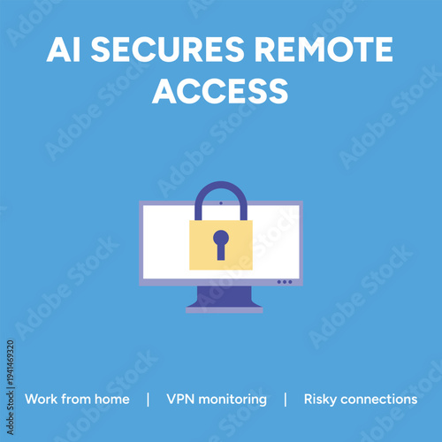 Vector graphic illustration of a computer monitor displaying a padlock symbolizing secure remote access with ai technology for work from home and vpn monitoring purposes effectively.