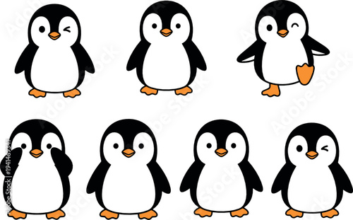 Cute penguin characters vector set with different poses cartoon arctic animal illustration collection for kids design