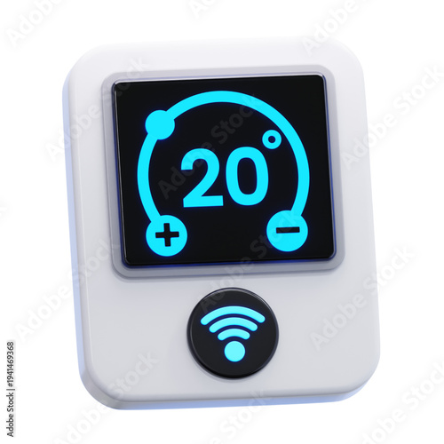 Stylized 3D rendering of a smart digital thermostat, showcasing precise temperature management and wireless control for contemporary home automation systems