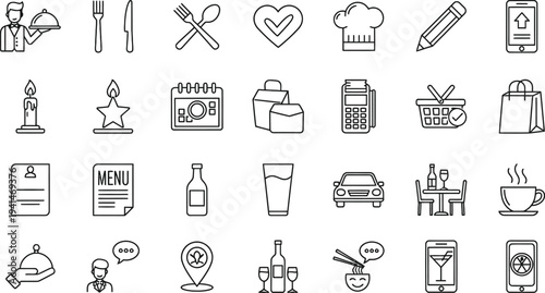 A collection of various icons representing food, drink, and everyday objects on a white background