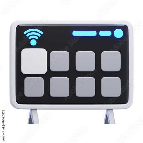 Sleek 3D rendered smart home control panel with Wi-Fi signal, an intuitive interface for modern IoT device management, representing future-ready domestic technology and automation