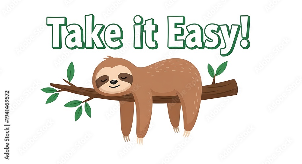 Obraz premium Sloth hanging on a branch with a relaxing motto illustration