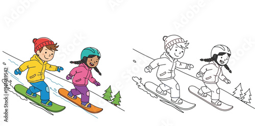 Vector illustration of cute little boy and girl snowboarding down a snowy hill, side-by-side with black and white outline version for children's winter sports coloring book.