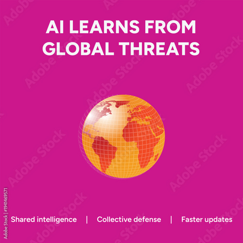 Striking vector illustration graphic design concept visually representing artificial intelligence learning from worldwide global threats for enhanced cybersecurity defense strategies