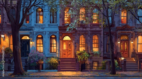 Enchanting evening street view of classic New York style brownstone row houses, with warm golden light glowing from the ornate windows.