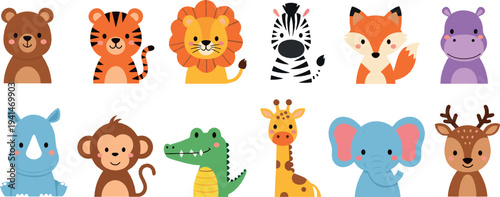 Cute safari animal characters vector set with bear, tiger, lion, zebra, fox, hippo, monkey, crocodile, giraffe and elephant cartoon icons