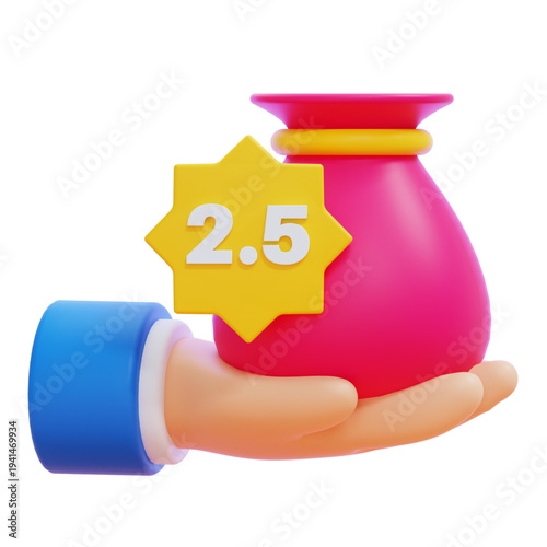 3D Render of a Hand Holding a Money Bag with a 2.5 Percent Tag, Symbolizing Financial Transactions, Savings, Charity, or a Discount Offer. Ideal for Business, Banking, and Islamic Finance Concepts