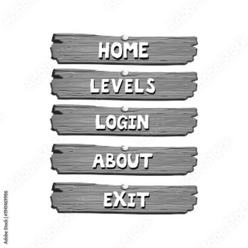 Halftone game menu interface with wooden style buttons and dotted texture. UI navigation panel with Home, Levels, Login, About and Exit options isolated on white background.