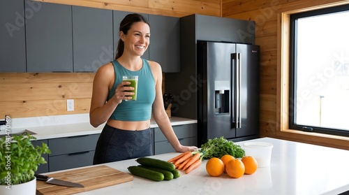 Fit woman holding green smoothie in modern kitchen with fresh produce.