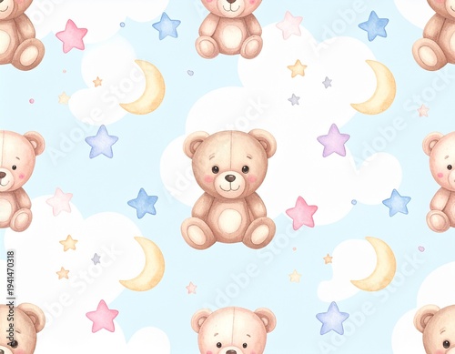 Seamless nursery pattern with cute teddy bears, clouds, stars and moons in soft pastel colors for baby room or kid's products