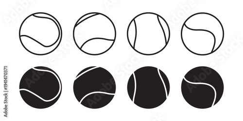 A vector icon set of tennis and padel balls, showcasing both filled and outline styles for sports design. Tennis ball. Icon .Tennis ball icon vector logo design flat style. Tennis Ball icon vector