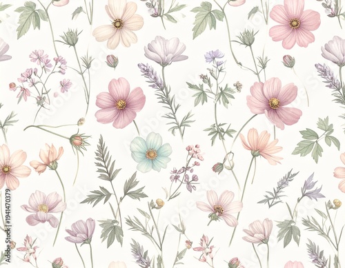 Seamless repeating pattern of delicate wildflowers and leaves in pastel colors, watercolor botanical floral texture for fabric, wallpaper, and stationery design