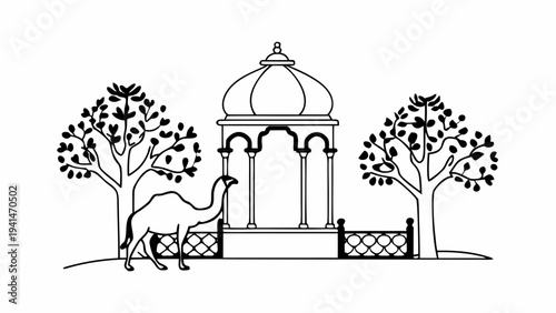 Serene desert camel near elegant pavilion with trees