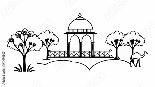 Serene desert garden gazebo with camel and trees