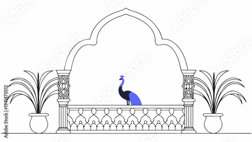 Majestic peacock standing on ornate balcony with beautiful archway